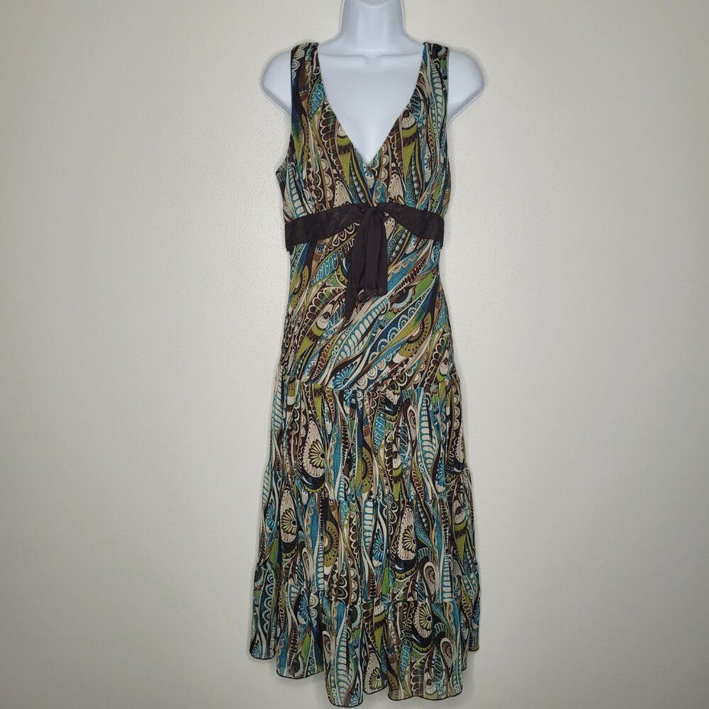 Vintage y2k green brown abstract print tiered skirt grunge fairy dress size 14